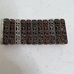 Floral Bracelet Stretch Mixed Metal Gold Silver Tone Copper Swirl‎ Thick Boho